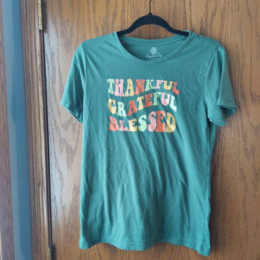 Positive Tees Women’s Medium Green Graphic T-Shirt Thankful Grateful Blessed